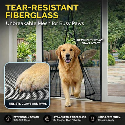 AUGO Heavy Duty Magnetic Screen Door Mesh– Premium Reinforced Fiberglass Mesh, Pet & Kid Friendly, Tear Resistant Hands-Free Self Sealing Closure, Keep Open Feature – 38" x 97"