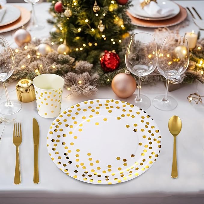 175pcs Premium White Gold Paper Plates Napkins, Golden Dot Party Supplies Set Severs For 25 Guests Paper for Birthday Baby Shower
