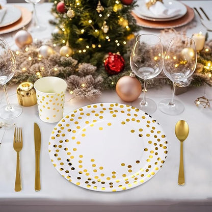 175pcs Premium White Gold Paper Plates Napkins, Golden Dot Party Supplies Set Severs For 25 Guests Paper for Birthday Baby Shower