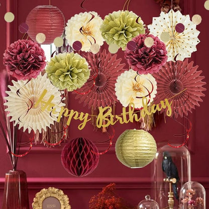 Burgundy Birthday Decorations for Women Maroon and Gold Party Decorations Tissue Paper Pom Poms Paper Fans Lanterns Maroon Birthday Decorations with Happy Birthday Banner Gold Circle Garland
