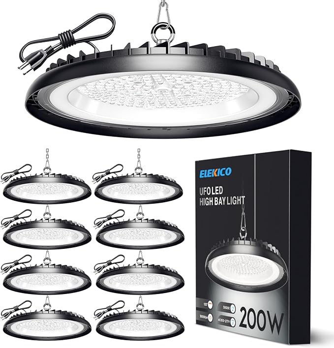 New Super Bright Ultra-Thin 200w High Bay Led Shop Lights| 30000LM 5000K UFO Led High Bay Light with 5ft Cable Hook Safe Rope| Shop&Garage Lighting Lights for Factory Workshop Warehouse Garage Barn