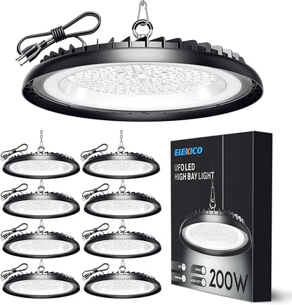 New Super Bright Ultra-Thin 200w High Bay Led Shop Lights| 30000LM 5000K UFO Led High Bay Light with 5ft Cable Hook Safe Rope| Shop&Garage Lighting Lights for Factory Workshop Warehouse Garage Barn