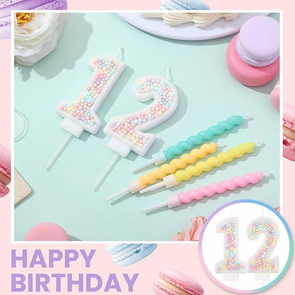 MTLEE Number 12 Birthday Candle with 12 Pcs Spiral Candles for Girls Macaron Pastel Rainbow Unicorn Pink Cake Topper for Sweet Theme Party Decoration