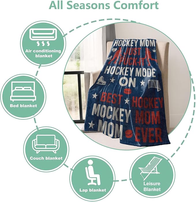 Hockey Mom Throw Blanket Gifts for Boys Girls Kids Adults, Hockey Icons Flannel Blankets for Travel Sofa Living Room Decor 60"X80"