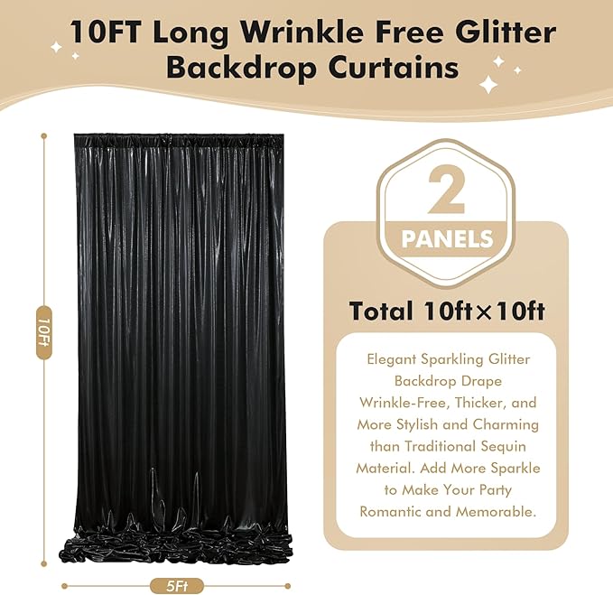 10ftx10ft Shimmer Black Sequin Backdrop Curtain for Parties, Thick Wrinkle Free Glitter Backdrop Drapes Photo Back Drop Curtains for Birthday Wedding Halloween Photography Background-2 Panels 5x10ft