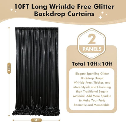 10ftx10ft Shimmer Black Sequin Backdrop Curtain for Parties, Thick Wrinkle Free Glitter Backdrop Drapes Photo Back Drop Curtains for Birthday Wedding Halloween Photography Background-2 Panels 5x10ft
