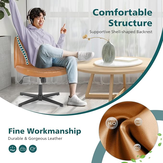 OLIXIS Criss Cross Legged Chairs Armless No Wheels Wide Seat Height Adjustable Swivel Padded PU Leather Home Office Desk Seating for Bedroom, Student, Study Room