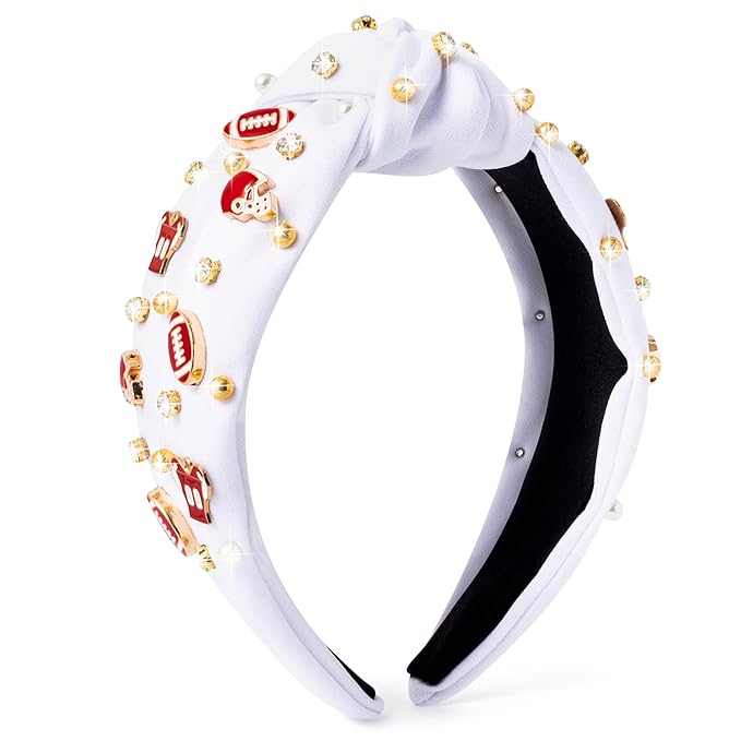PANTIDE Football Jeweled Knotted Headband - Red Football Rhinestone Crystal Embellished Headband Wide Top Knot Fashion Hairband Mom Accessories Sports Game Day Birthday Gift for Fan Women Girl (White)