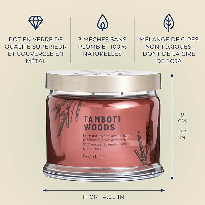 PartyLite Tamboti Woods Scented, Notes of Exotic Amber, Patchouli, Lavender & Green Moss, 13.2oz 3-Wick Jar Candle, 45 Hour Burn Time, Luxurious Fragrance, Perfect for Gifting