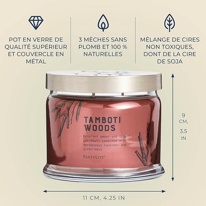 PartyLite Tamboti Woods Scented, Notes of Exotic Amber, Patchouli, Lavender & Green Moss, 13.2oz 3-Wick Jar Candle, 45 Hour Burn Time, Luxurious Fragrance, Perfect for Gifting