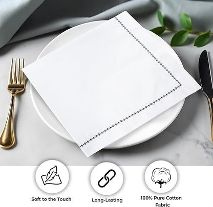 Urban Villa Cloth Napkin Set of 12 Hemstitch White Black 20x20 Inches Premium Soft Cotton Highly Absorbent Reusable & Washable Dinner Table Napkins for Home and Weddings