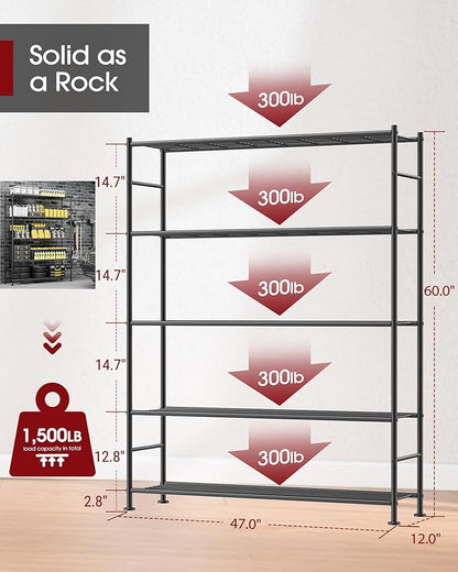 Storage Shelves - 5 Tier Shelf Organizer, Sturdy Metal Garage Shelving with Adjustable Leveling Feet, Space-Saving Shelves Organizer for Pantry, Laundry, Kitchen (47" x 12" x 60", Black)