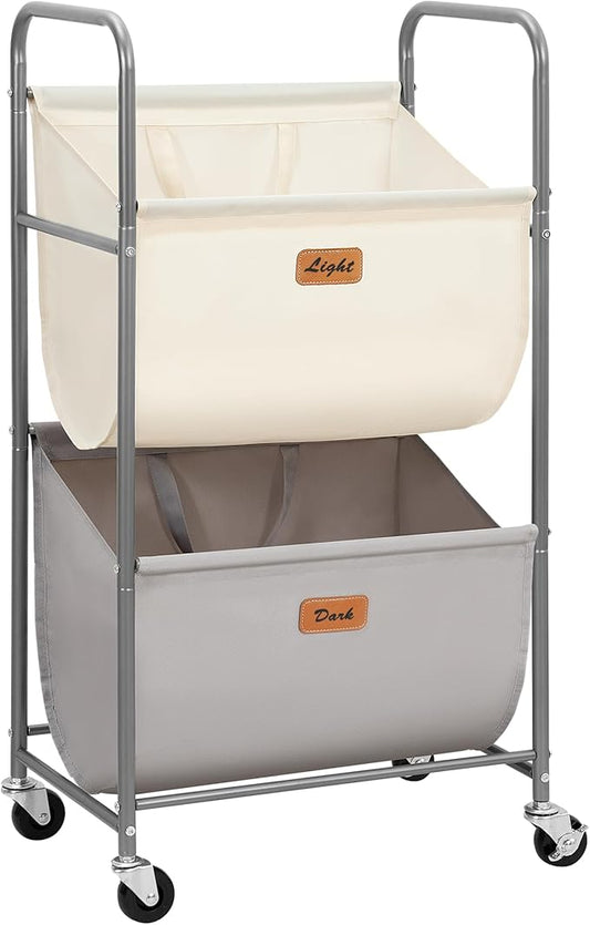 STORAGE MANIAC 80 Liters Vertical Rolling Laundry Hamper, 2 Section Laundry Sorter with Wheels and 2 Breaks, 2-tier Laundry Baskets for Small Space, Dorm, Laundry Room, Closet, Multicolored 2-tier