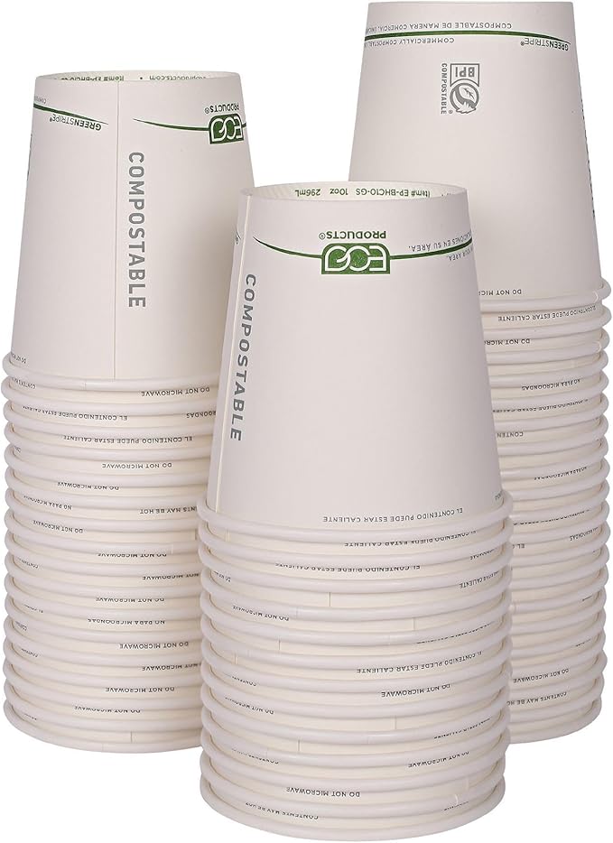 ECO PRODUCTS Compostable Disposable GreenStripe 10oz Coffee Cups, Case of 1000, White Single Wall Hot Paper Cup, Plant Based PLA Lining, Biodegradable