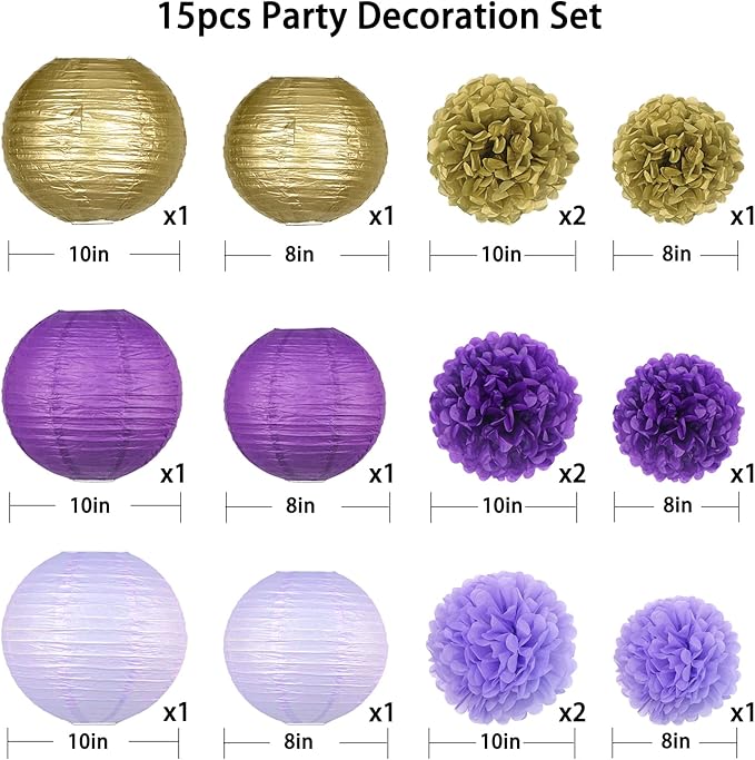KAXIXI Hanging Party pom pom Set, 15pcs Purple Gold Paper Flowers Pom Poms Balls and Paper Lanterns for Wedding Birthday Bridal Baby Shower Graduation, LanternPomPom010