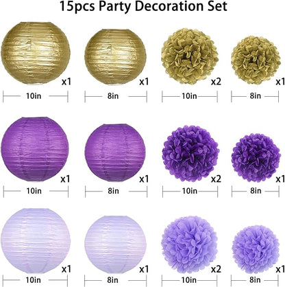KAXIXI Hanging Party pom pom Set, 15pcs Purple Gold Paper Flowers Pom Poms Balls and Paper Lanterns for Wedding Birthday Bridal Baby Shower Graduation, LanternPomPom010