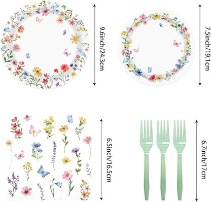 143PCS Spring Wildflower Party Supplies Birthday Decorations Plates Napkins Set, Banner, Hanging Swirls, Tablecloth, Cake Topper, Balloon,Floral Baby Shower, Serves 20