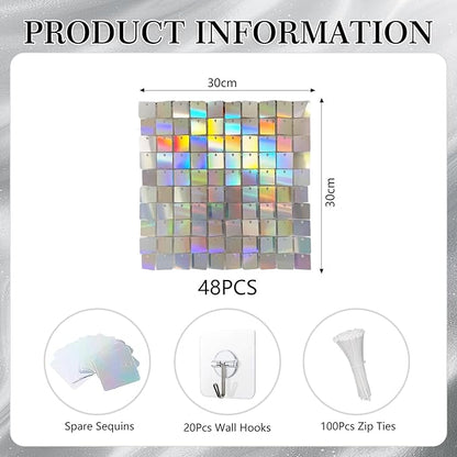 48 PCS Colorful Silver Shimmer Wall Backdrop, Square Sequin Photo Backdrops Panel, Glitter Wall Background for Birthdays, Weddings, Christmas, Engagements, Disco Bachelorette Party Decoration (6x8FT)