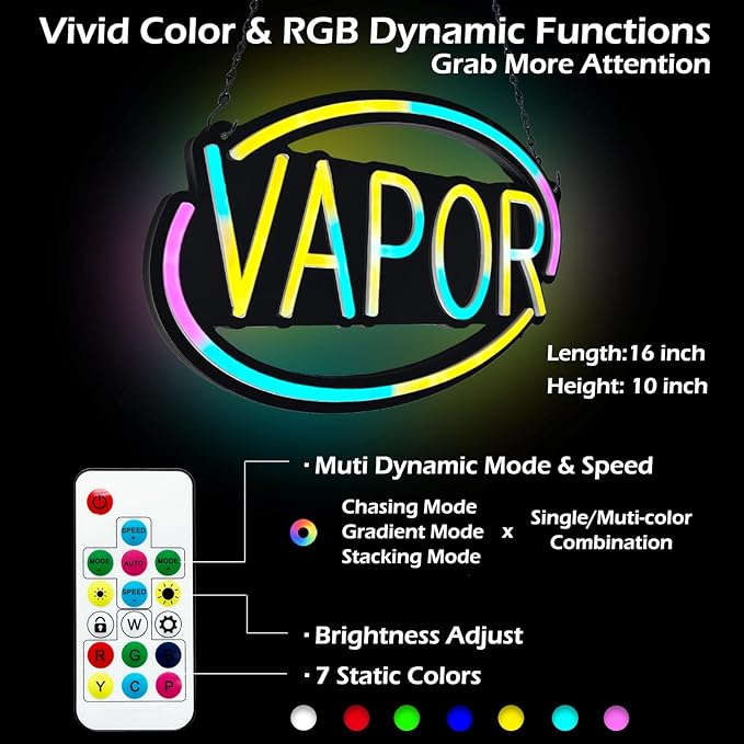 VAPOR-LED Neon Sign for Business,16x10 inch Vape Smoke Shop Sign RGB Bright Led for Window Wall Door VapeSmoke Store