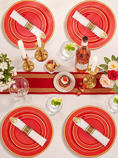 350Pieces Red Plastic Plates with Gold Rim Include 50Dinner Plate 10”, 50Dessert Plate 7”, 50 gold Cups 9 OZ, 50 Pre Rolled Napkins for Christmas Party