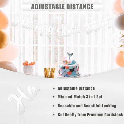 CANREVEL 3 PCS Silver Happy Birthday Banners, Hanging Stars Garland and Pennant Banner Flags, Silver Garland for Silver Party Decorations, Birthday Party Supplies for Women Men Girls Boys Adults