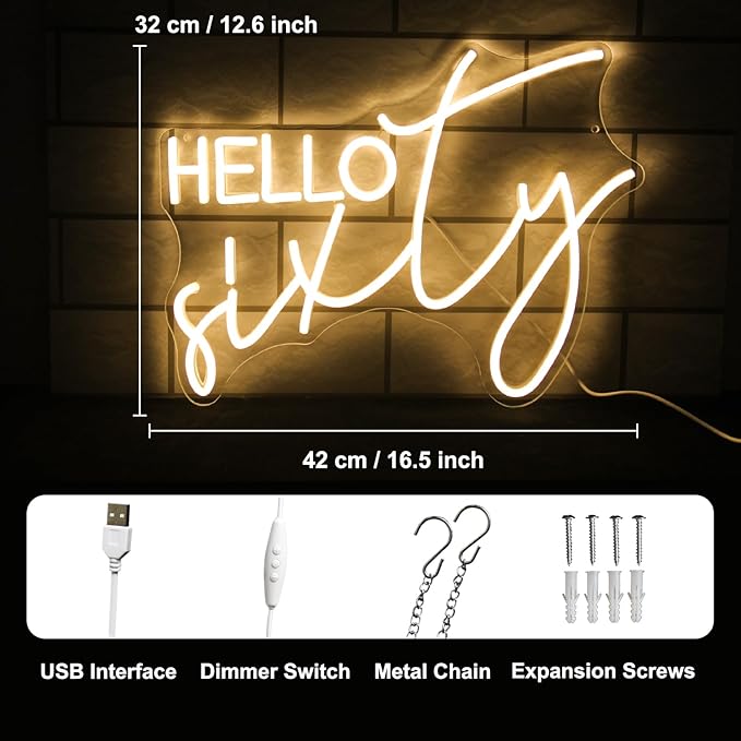 Hello Sixty Neon Sign Happy 60th Birthday LED Signs Warm White 60 Years Dimmable Neon Lights 60th Birthday Decorations Neon Signs for Wall Bedroom Birthday Party Decor Birthday Supplies