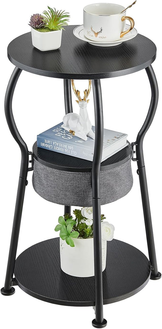 Small Round Side Table with Storage Bag, 3-Tier Accent Round End Table with Four Storage Functions for Living Room, 21.6" H Vintage Smalls Corner Table for Small Spaces Nightstand Bedroom