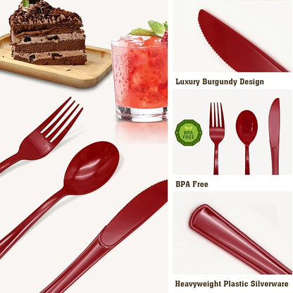 150 Pack Burgundy Plastic Cutlery, Maroon Plastic Silverware Heavy Duty, Burgund Silverware Set Disposable, 50 Forks 50 Spoons 50 Knives for Birthday Graduation Party Decor