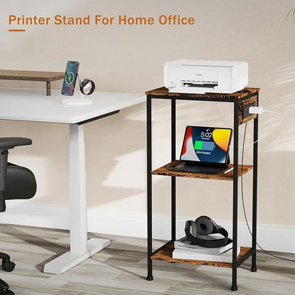 Tall End Table with Charging Station, 3 Tier Narrow Tall Nightstand with Storage, Slim Side Table with USB Ports and Outlets for Bedroom, Living Room, Office, Rustic Brown and Black