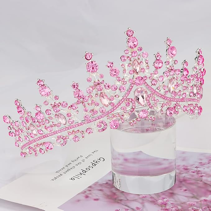 TOBATOBA Tiaras for Women, Pink Crystal Tiara Crowns for Women, Wedding Tiara for Bride Queen Crown, Royal Princess Quinceanera Headpieces for Birthday Prom Pageant Halloween Cosplay Accessories
