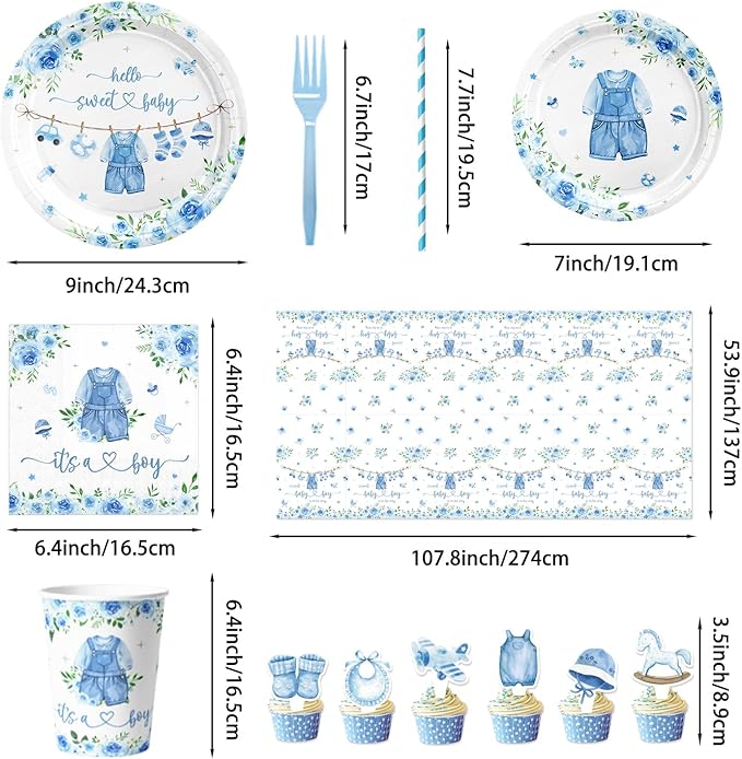 175PCS Blue boy Baby Shower Decorations Birthday Decorations Disposable Plates Napkins Set, Banner, Hanging Swirls, Tablecloth, Cake Topper, Balloon, Honeycomb Centerpieces Table Decorations