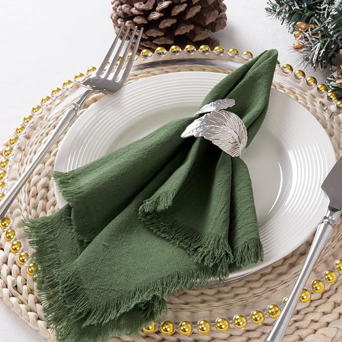 12 Pack Olive Green Cotton Linen Napkins with Fringe Green Cloth Napkins Set of 12 Boho Handmade Dinner Table Napkins for Wedding Bridal Baby Shower Tea Party, 17 x 17 Inches