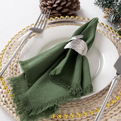 12 Pack Olive Green Cotton Linen Napkins with Fringe Green Cloth Napkins Set of 12 Boho Handmade Dinner Table Napkins for Wedding Bridal Baby Shower Tea Party, 17 x 17 Inches