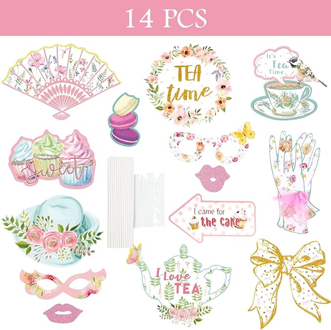 SUNBEAUTY 14 Pcs Tea Party Photo Booth Props Tea Party Decorations Alice in Wonderland Party Supplies Garden Party Bridal Shower for Girls Women