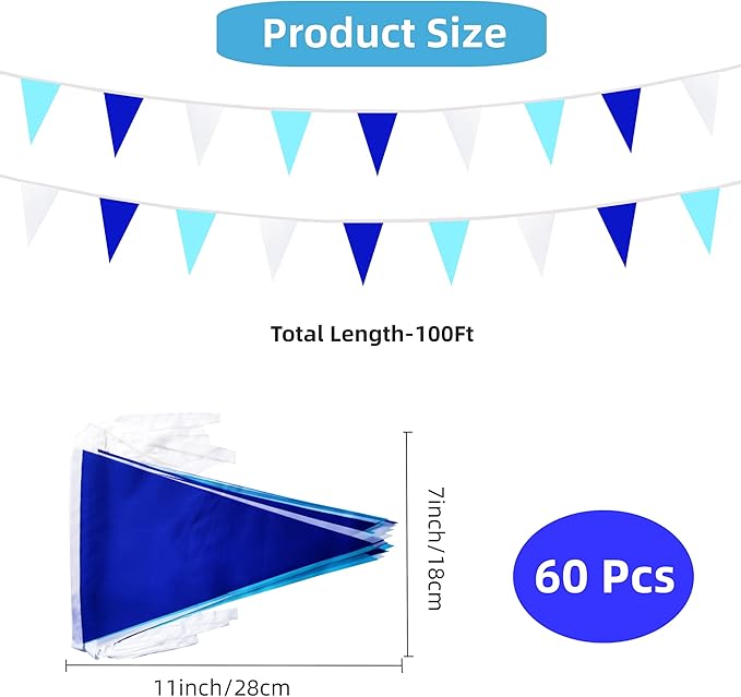 100 Feet 60 Pcs Blue White & Dark Blue Pennant Banner Triangle DIY Flag, Bunting Streamers Decor for Grand Opening, Birthday, Wedding Celebration