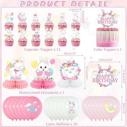Pink Bunny Birthday Party Decorations for Gilrs - Rabbit Party Supplies including Happy Birthday Backdrop, Spirals, Cake Toppers, Table Centerpieces, Balloons (BJ)