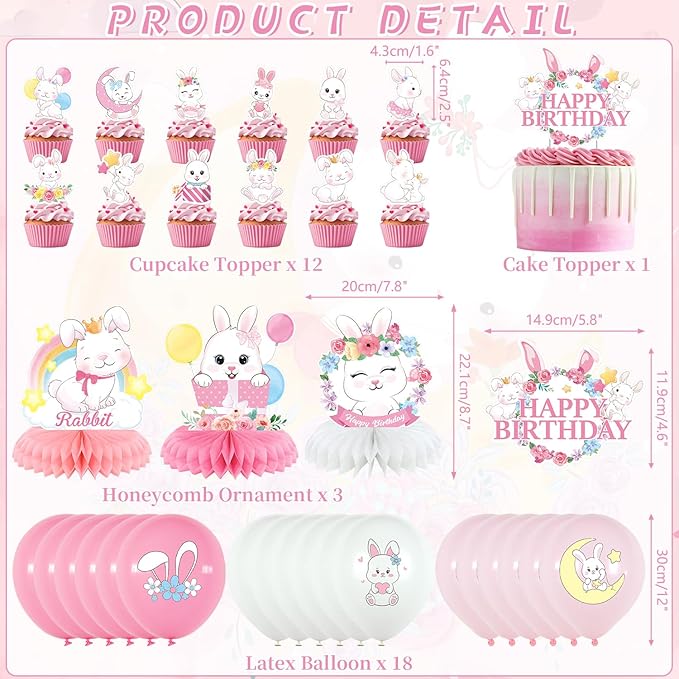 Pink Bunny Birthday Party Decorations for Gilrs - Rabbit Party Supplies including Happy Birthday Banner, Spirals, Cake Toppers, Table Centerpieces, Balloons (LQ)