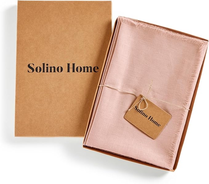 Solino Home Fringe Linen Cloth Napkins Set of 4-100% Pure Linen Misty Pink Dinner Napkins 20 x 20 Inch - Handcrafted and Machine Washable