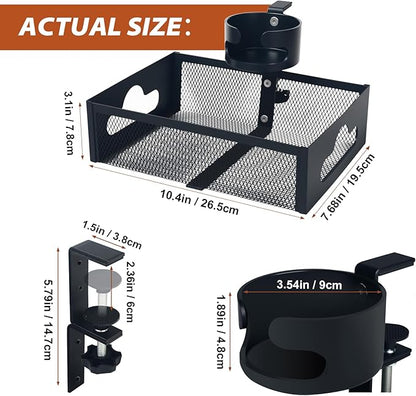 Under Desk Organizer 360° Swivel with Cup Holder, Clamp-On No Drill Installation, Sturdy Mesh Storage Drawer for Office,Drawing Room and Kitchen Room,Art Supplies and More (Black) (with Cup Holder)