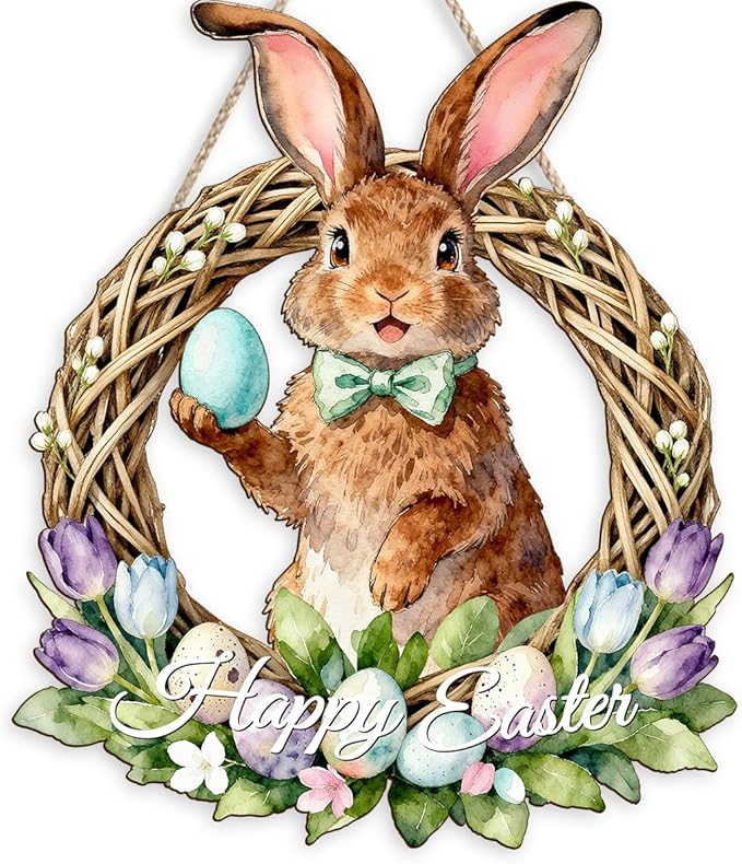 Kercan Easter Bunny Door Sign, Happy Easter Eggs Wooden Hanging Decorations Hanging Plaque Bunny Rabbit Sign Wall Hanger Floral Spring Decor for Front Door Porch Yard Wall Home Decorations