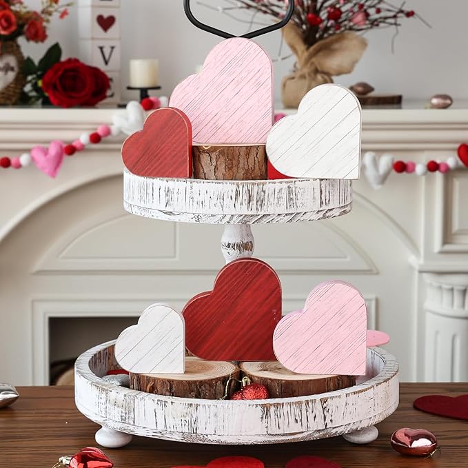 6pcs Valentines Day Decorations Red Pink White Rustic Heart Wooden Sign Valentine's Day Tiered Tray Decor Tabletop Valentines Day Centerpieces for Wedding Anniversary Home Party Supplies