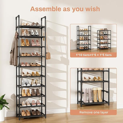 LANTEFUL 10 Tiers Shoe Rack 25 Pairs Large Capacity Tall Shoe Organizer Sturdy Shoe Storage with Two Hooks Space Saving Metal Narrow Shoe Rack for Closet, Entryway, Bedroom, Black