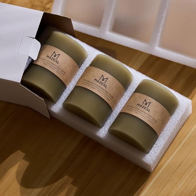 MOZEAL 3" x 4" Hand-Poured Unscented Sage Green Candle, Dripless Pale Green Pillar Candle Set of 3, Long Clean Burning, Approx 72 Hours Burn Time, Rustic Country Style, Home Decor