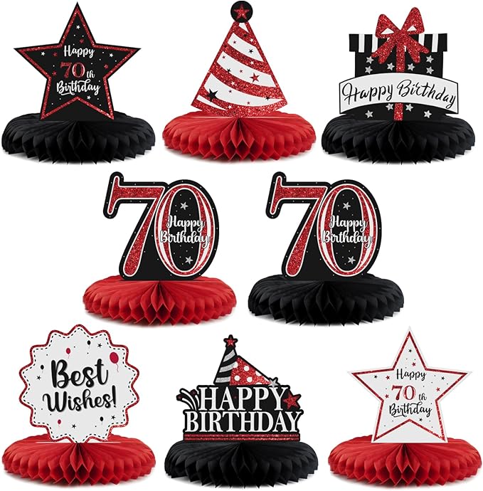 Happy 70th Birthday Decorations,70th Bday Red Glitter Shiny Stand Honeycomb Table Centerpieces - Cheers to Seventy Years Old Birthday Party Photoprop Gift Sign.