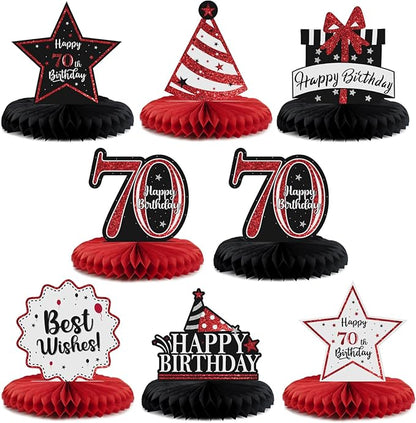 Happy 70th Birthday Decorations,70th Bday Red Glitter Shiny Stand Honeycomb Table Centerpieces - Cheers to Seventy Years Old Birthday Party Photoprop Gift Sign.