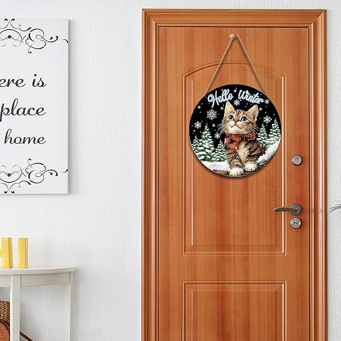 Hello Winter Cat Front Door Sign Winter Kitty Kitten Pine Tree Round Wood Sign 12x12in Winter Decorations Cat door hanger Christmas Winter Wreath Wall Hanging Welcome Sign for Outdoor Outside Porch