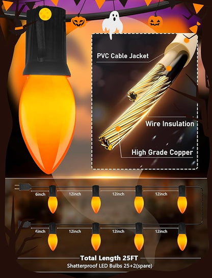 25FT LED Halloween Outdoor String Lights with 26 C9 Candle Shape Shatterproof Plastic Bulbs,2700K Waterproof Connectable Orange LED String Lights for Home Garden Halloween Christmas Fall Decor