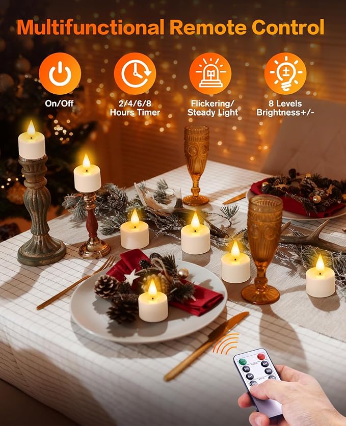 YAUNGEL 12 Pcs Rechargeable Tea Lights with Remote Timer and Charging Base, LED Flickering Flameless Tealight Candles Battery Operated for Halloween Christmas Wedding Home Decor