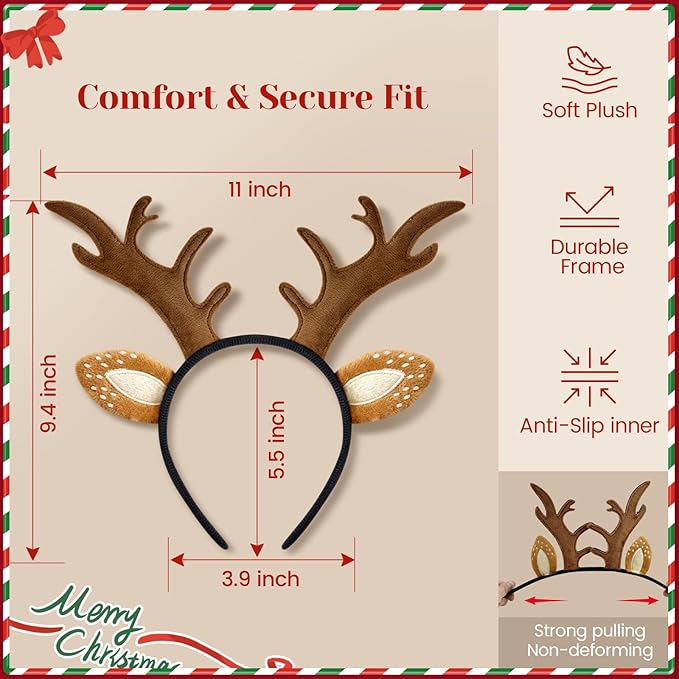 Reindeer Antlers Headband for Women - Cute Fluffy Deer Ears Realistic Headband, Christmas Party Cosplay Accessories Costume Supplies