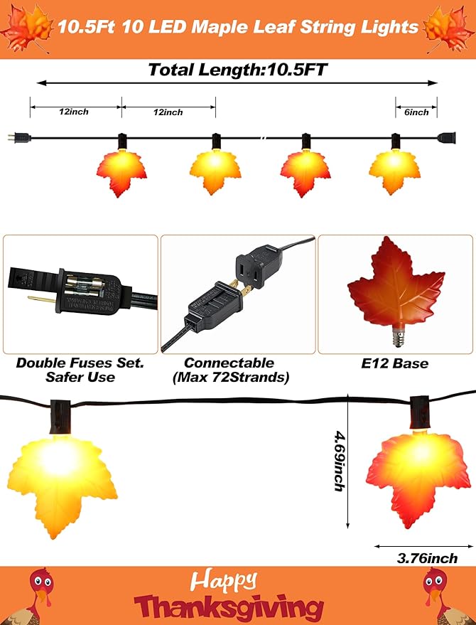 10.5 Feet Classic Fall Garland Lights,10 Warm-Glow LEDs for Rich, Amber Ambiance,UL Certified Plug-in String for Thanksgiving, Halloween & Mantle Decor